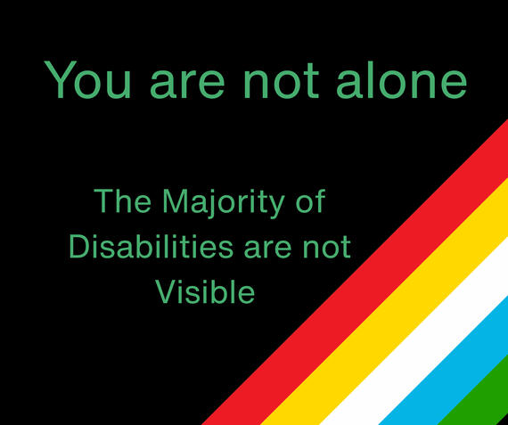 Black background with colors of disability flag in right bottom corner striped red, yellow, white, blue, and green. States, "You are not alone" and in smaller text below, "The majority disabilities are not visible".